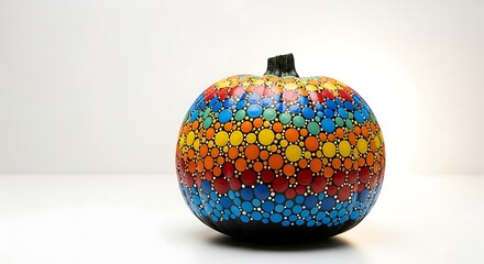 Colorful mosaic pumpkin decoration with vibrant patterns against a white background