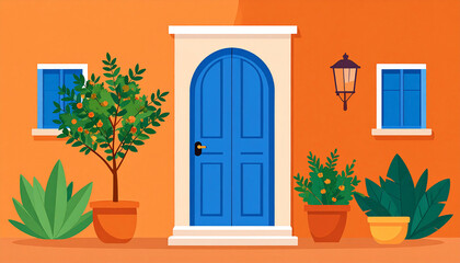 Blue door in an orange wall with plants