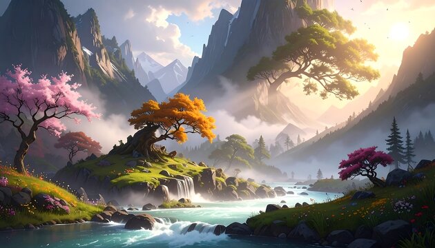 Lush landscape with a flowing river winding through valleys, colorful trees, and towering, mist-shrouded mountains under a sunny sky