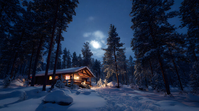 Cabin surrounded by snow-dusted pines under moonlight, HDR night balance and cinematic glow