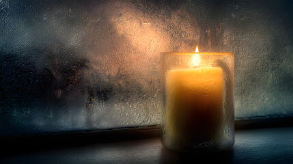 Candle behind frosted glass casting soft shadow, HDR diffusion and calm