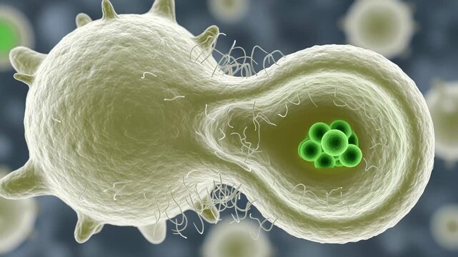 Neutrophil white blood cell engages green bacteria through pseudopod action in immune response