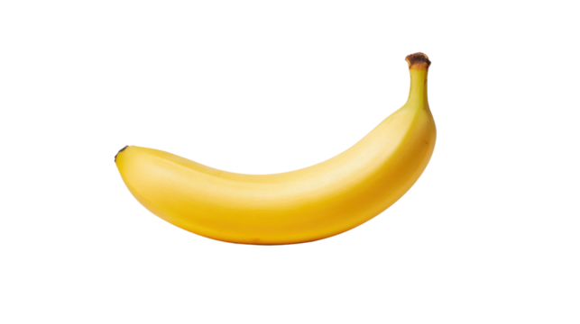 A banana resting elegantly its yellow skin reflecting soft light, creating a simple yet bold visual statement isolated on a Transparent background, PNG file.