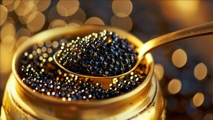 A close-up of high-quality ingredients in an ornate bowl set against a golden backdrop with bokeh lights
