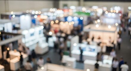 Obraz premium Product Expo Blur: Blurred image of business stalls and event participants