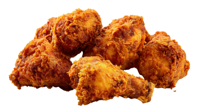 A batch of crispy fried chicken pieces, golden brown and crunchy, placed on a white backdrop to emphasize the rich texture and delicious look isolated on a Transparent background, PNG file.