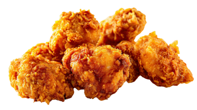 A batch of crispy fried chicken pieces, golden brown and crunchy, placed on a white backdrop to emphasize the rich texture and delicious look isolated on a Transparent background, PNG file.