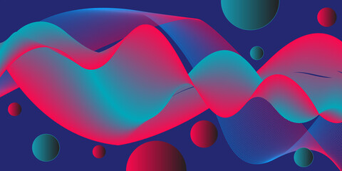 Abstract neon waveform with bubbles on dark blue background
