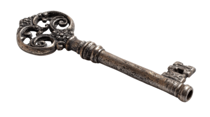 A beautifully aged antique key with delicate patterns and a tarnished finish, placed to enhance its timeless elegance and rustic appeal isolated on a Transparent background, PNG file.