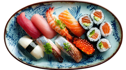A beautiful plate of assorted sushi, including nigiri, maki, and sashimi, elegantly arranged highlighting the freshness and vibrancy of the ingredients isolated on a Transparent background, PNG file.