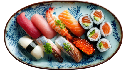 A beautiful plate of assorted sushi, including nigiri, maki, and sashimi, elegantly arranged highlighting the freshness and vibrancy of the ingredients isolated on a Transparent background, PNG file.