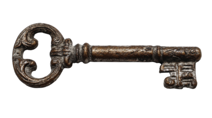 A beautifully aged antique key with delicate patterns and a tarnished finish, placed to enhance its timeless elegance and rustic appeal isolated on a Transparent background, PNG file.