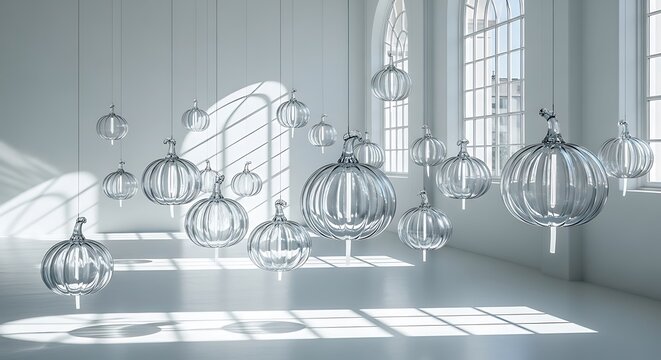 Modern art installation of reflective silver balloons in a bright sunlit room