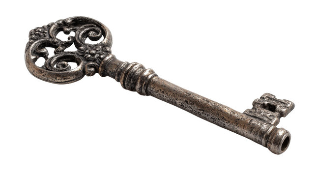 A beautifully aged antique key with delicate patterns and a tarnished finish, placed to enhance its timeless elegance and rustic appeal isolated on a Transparent background, PNG file.