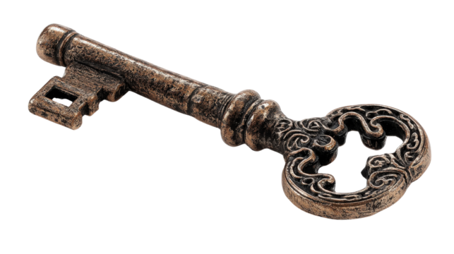 A beautifully aged antique key with delicate patterns and a tarnished finish, placed to enhance its timeless elegance and rustic appeal isolated on a Transparent background, PNG file.