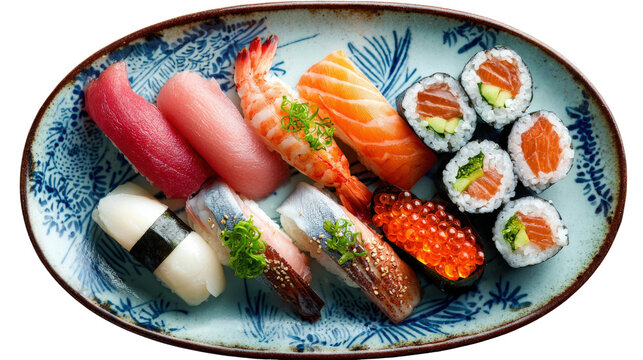 A beautiful plate of assorted sushi, including nigiri, maki, and sashimi, elegantly arranged highlighting the freshness and vibrancy of the ingredients isolated on a Transparent background, PNG file.