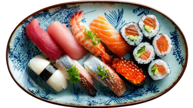 A beautiful plate of assorted sushi, including nigiri, maki, and sashimi, elegantly arranged highlighting the freshness and vibrancy of the ingredients isolated on a Transparent background, PNG file. - Powered by Adobe