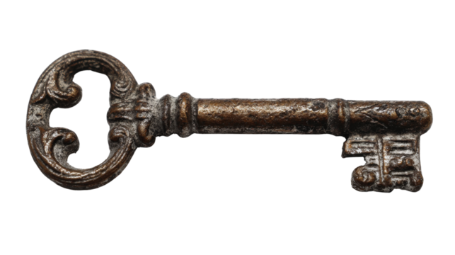 A beautifully aged antique key with delicate patterns and a tarnished finish, placed to enhance its timeless elegance and rustic appeal isolated on a Transparent background, PNG file.