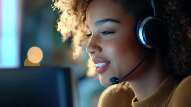 A young lady with a radiant smile wearing headphones sits in front of computer monitors, her eyes meeting the viewer's as she appears to be engaged in a joyful conversation.