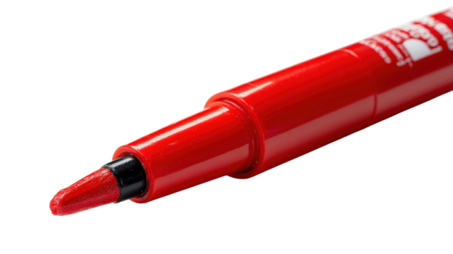 A bold red marker pen with a rounded cap and smooth body, positioned at a slight angle for a vibrant contrast isolated on a Transparent background, PNG file.