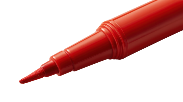 A bold red marker pen with a rounded cap and smooth body, positioned at a slight angle for a vibrant contrast isolated on a Transparent background, PNG file.