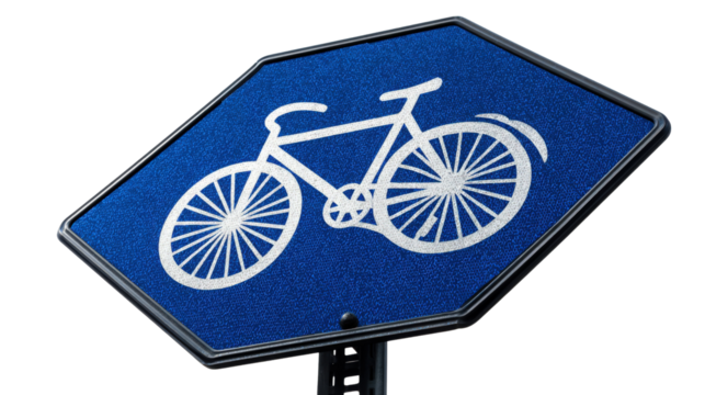 A blue traffic sign depicting a bicycle, set against a providing clear instructions for bike lane use and cyclist safety on the road isolated on a Transparent background, PNG file.