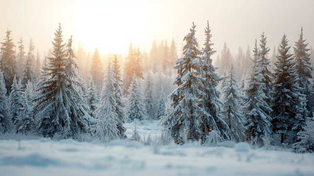 Snowy winter forest at sunrise with frosty pine trees