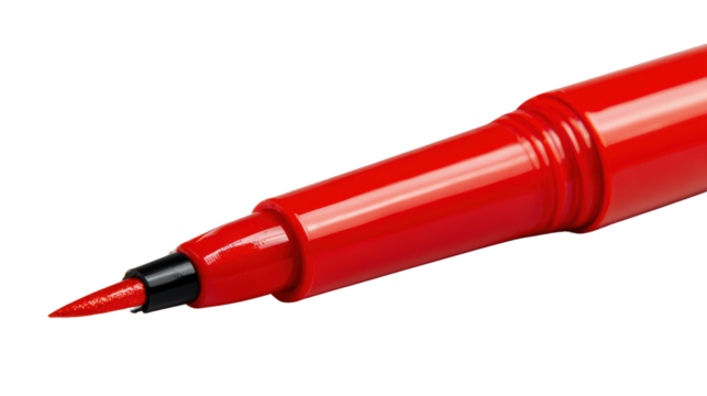 A bold red marker pen with a rounded cap and smooth body, positioned at a slight angle for a vibrant contrast isolated on a Transparent background, PNG file.