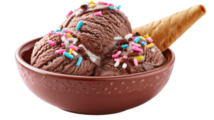 A bowl of chocolate ice cream with sprinkles and a wafer stick, displayed for a classic dessert appeal isolated on a Transparent background, PNG file.