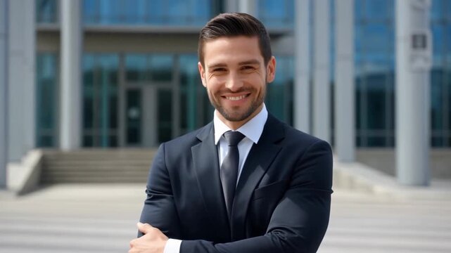 A confident businessman in a suit smiles confidently in front of a modern building. He radiates success and professionalism Stock Video