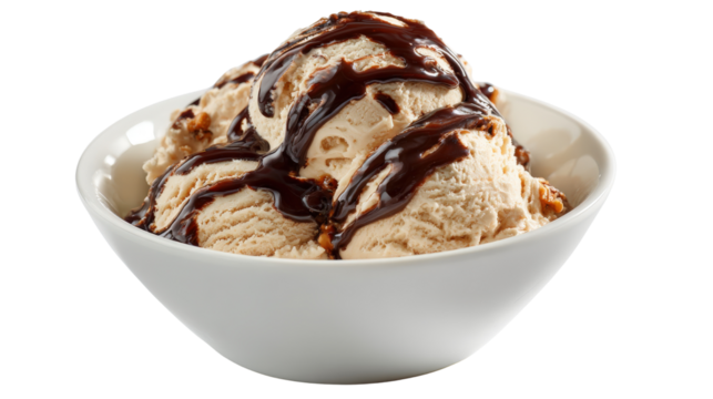 A bowl of peanut butter ice cream topped with chocolate sauce, sitting on a clean for a decadent treat isolated on a Transparent background, PNG file.