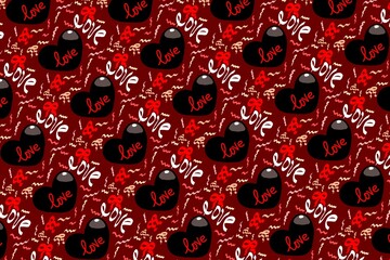 A romantic red and black repeating pattern featuring glossy hearts and the word “Love,” symbolizing passion and affection.