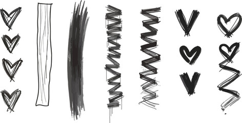 Hand Drawn Doodle Design Elements Hearts Lines and Chevron Patterns Vector Illustration Isolated on White Background