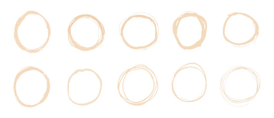 Set of ten beige coffee cup stains or tea rings isolated on white background vector illustration for cafe menu card or restaurant banner design