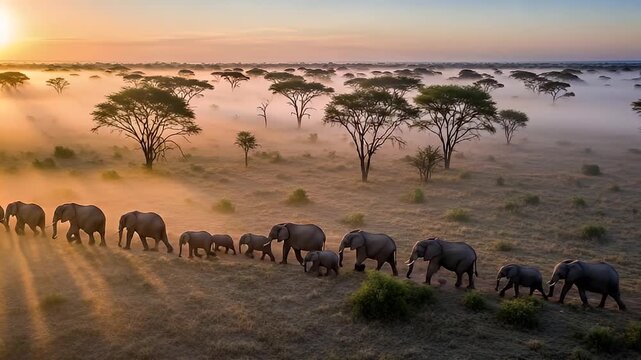 African elephant herd walking single file across a misty savanna at sunrise with golden light rays and acacia trees in the wild