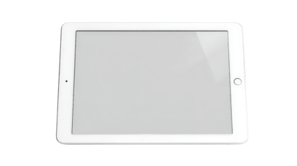 A bright, white iPad screen showing off its sharp, high-definition display, framed by a simple making the device stand out in its simplicity isolated on a Transparent background, PNG file.