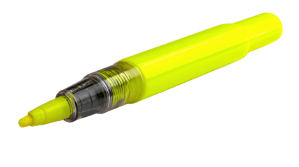 A bright yellow highlighter pen with a chisel tip and a clear cap, standing out sharply for a bold visual isolated on a Transparent background, PNG file.