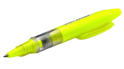 A bright yellow highlighter pen with a chisel tip and a clear cap, standing out sharply for a bold visual isolated on a Transparent background, PNG file.