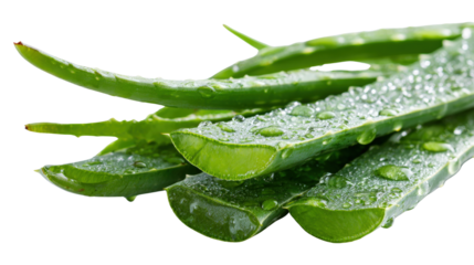 A bunch of aloe vera leaves with clear water droplets clinging to them, placed to emphasize their rejuvenating properties isolated on a Transparent background, PNG file.