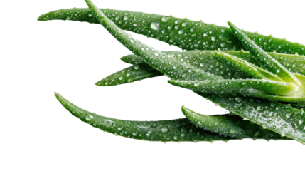 A bunch of aloe vera leaves with sparkling water droplets resting on them, placed to emphasize their fresh and clean appearance isolated on a Transparent background, PNG file.