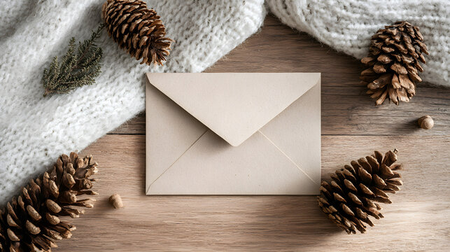 Christmas greeting card mockup beside pine cones, flat lay precision and bright natural lighting