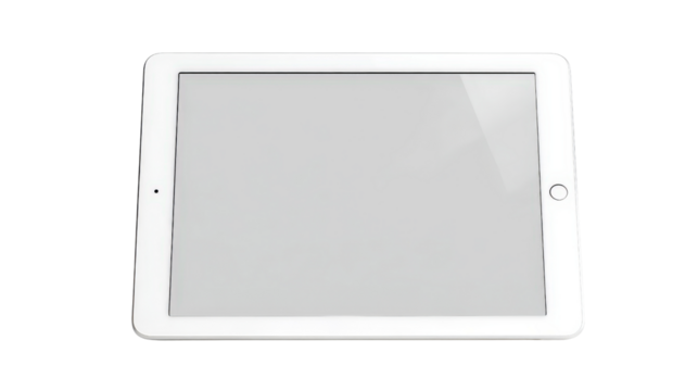 A bright, white iPad screen showing off its sharp, high-definition display, framed by a simple making the device stand out in its simplicity isolated on a Transparent background, PNG file.