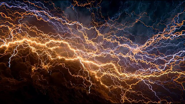 Abstract digital network of glowing electrical energy lines and lightning sparks on a dark background.