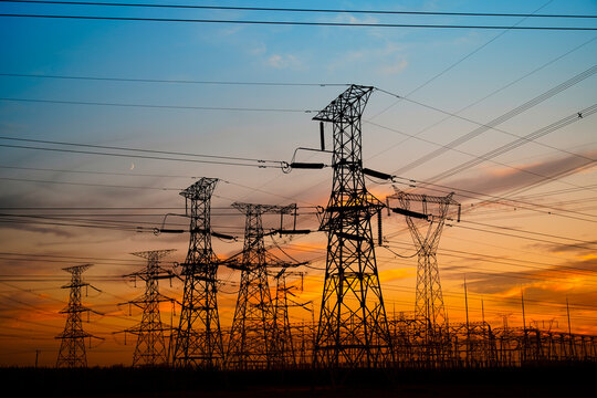 Pylon, high-voltage tower sky background.