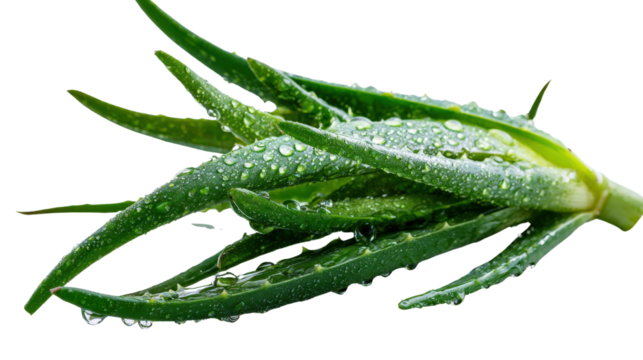 A bunch of aloe vera leaves with clear water droplets clinging to them, placed to emphasize their rejuvenating properties isolated on a Transparent background, PNG file.