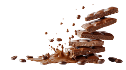 A cascade of chocolate bars falling, releasing chocolate drops that land on a crisp capturing the irresistible allure of the sweet treat isolated on a Transparent background, PNG file.