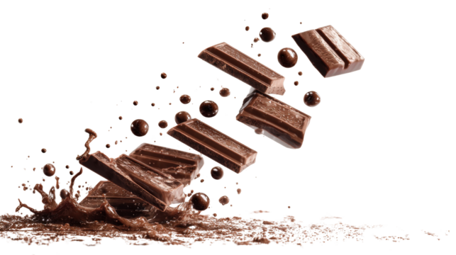 A cascade of chocolate bars falling, releasing chocolate drops that land on a crisp capturing the irresistible allure of the sweet treat isolated on a Transparent background, PNG file.