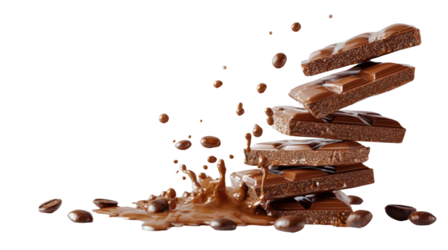 A cascade of chocolate bars falling, releasing chocolate drops that land on a crisp capturing the irresistible allure of the sweet treat isolated on a Transparent background, PNG file.