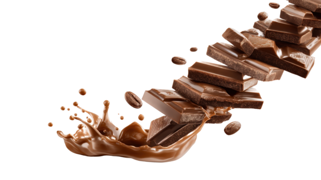 A cascade of chocolate bars falling, releasing chocolate drops that land on a crisp capturing the irresistible allure of the sweet treat isolated on a Transparent background, PNG file.