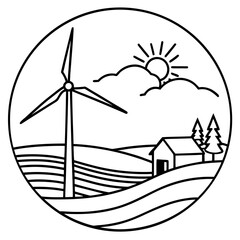 Wind turbine farm with house and trees